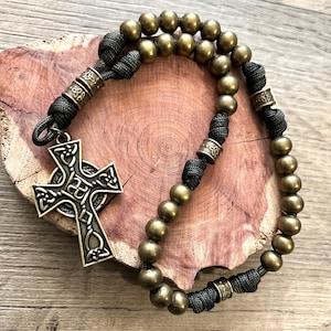 All Metal Bronze Finish Anglican Rosary. Double Sided Celtic Cross. 10mm Metal Beads. Metal Cruciform Beads. #550 Paracord image 2