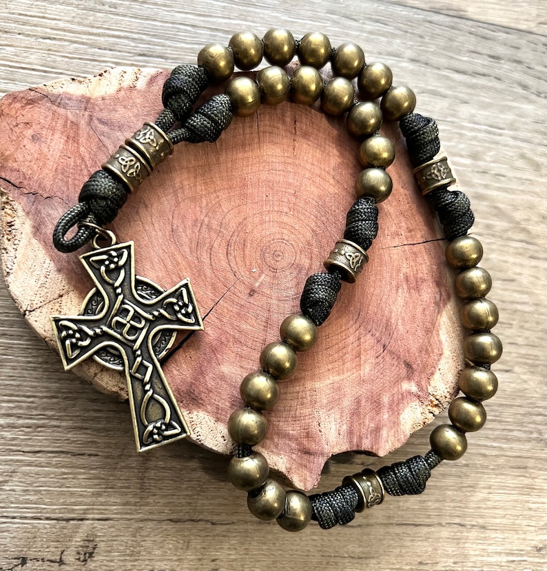 All Metal Bronze Finish Anglican Rosary. Double Sided Celtic Cross. 10mm Metal Beads. Metal Cruciform Beads. #550 Paracord image 2