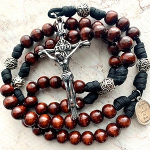 Natural Wood Catholic Rosary. 12mm Beads. Metal Our Fathers. Large Stainless Steel Crucifix. Your choice of Saint medal. #550 Paracord.
