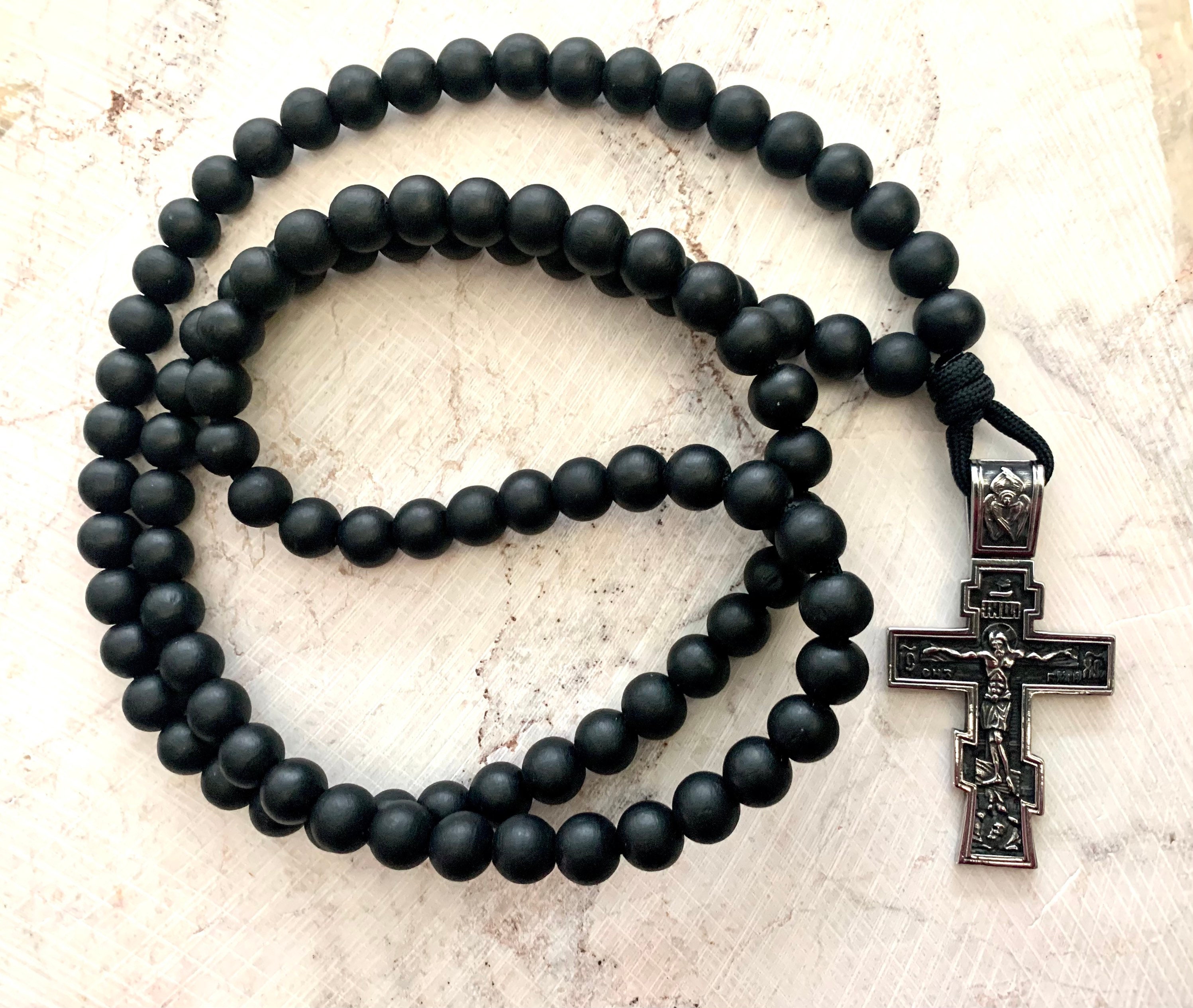 Large Stainless Steel Eastern Orthodox Crucifix With 100 Black