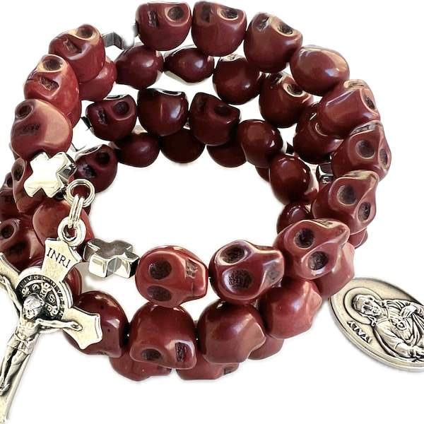 Saddle Brown Skull Stone Rosary Bracelet. Stainless Steel Memory Wire. St. Benedict Crucifix, Cross Our Father Beads. Choice of Saint Medal