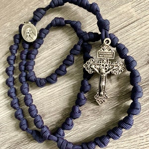 Navy Blue Knotted Catholic Rosary Rope with Silver Pardon Crucifix. Choice of Saint Medal. #550 Paracord.