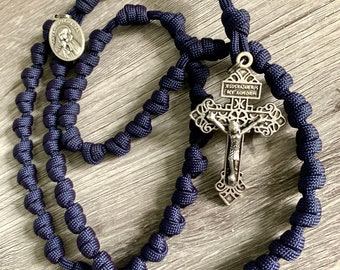 Navy Blue Knotted Catholic Rosary Rope with Silver Pardon Crucifix. Choice of Saint Medal. #550 Paracord.