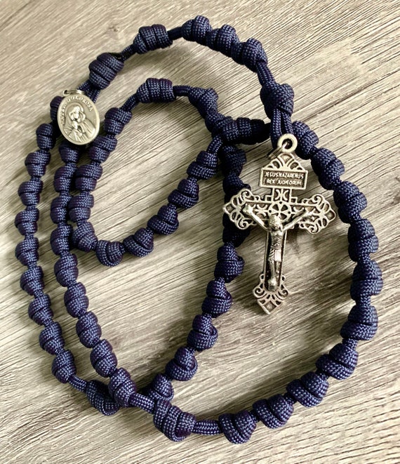 Navy Blue Knotted Catholic Rosary Rope With Silver Pardon Crucifix. Choice  of Saint Medal. 550 Paracord. 