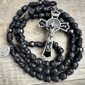 St. Benedict Skull Catholic Rosary, Memento Mori. Skull 11mm Beads. Metal Our Father Beads. Your choice of Saint Medal. #550 Paracord