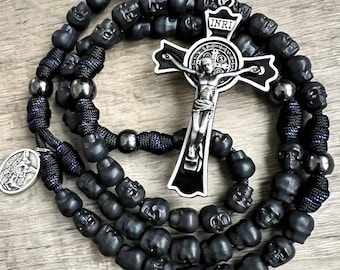 St. Benedict Skull Catholic Rosary, Memento Mori. Skull 11mm Beads. Metal Our Father Beads. Your choice of Saint Medal. #550 Paracord