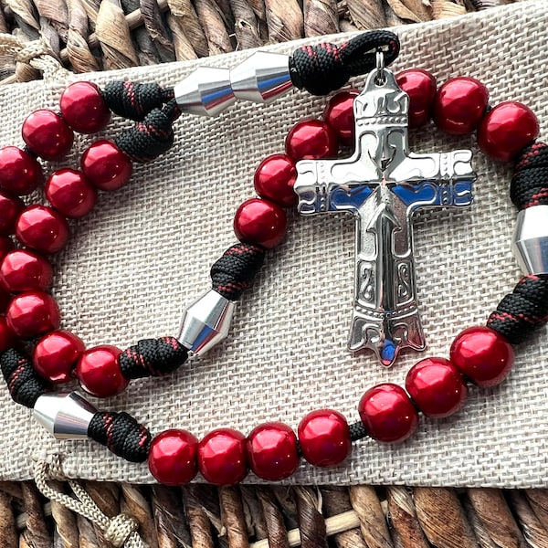 The King’s Crown Anglican Rosary. Stainless Steel Cross. 12mm ABS Dark Red Beads. Aluminum Aircraft Grade Cruciform Beads. #550 Paracord