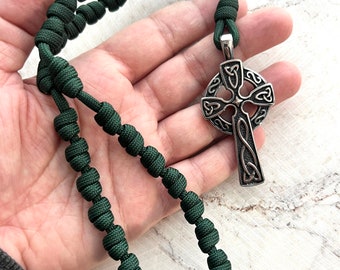 Celtic Anglican Knotted Rosary Rope with Stainless Steel Cross. Dark Green #550 Paracord