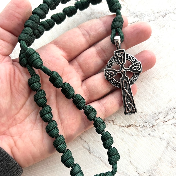 Celtic Anglican Knotted Rosary Rope with Stainless Steel Cross. Dark Green #550 Paracord