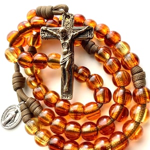 Solid Brass Crucifix Catholic Rosary. 12mm Acrylic Sandy Brown Beads. Your choice of Saint Medal. #550 Paracord