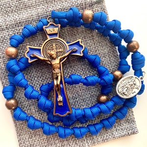Royal Blue St. Benedict Catholic Rosary Rope. Copper Finish Our Father Beads. Large Crucifix. Your choice of Saint Medal (550 Paracord)
