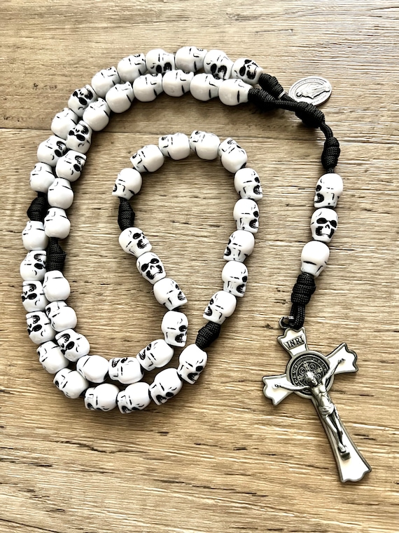 Large St. Benedict Skull Catholic Rosary, Memento Mori. 15mm