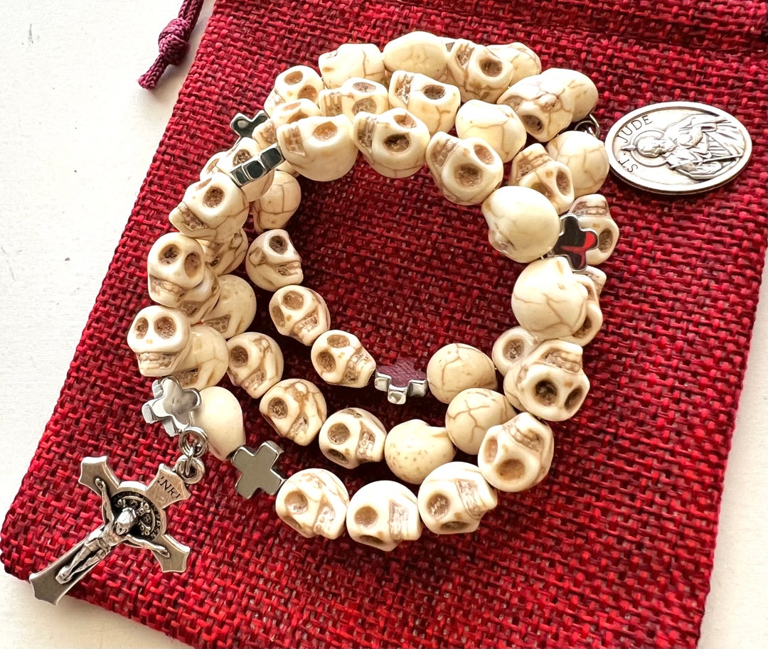 Bone Finish Skull Stone Rosary Bracelet. Stainless Steel Memory Wire ...
