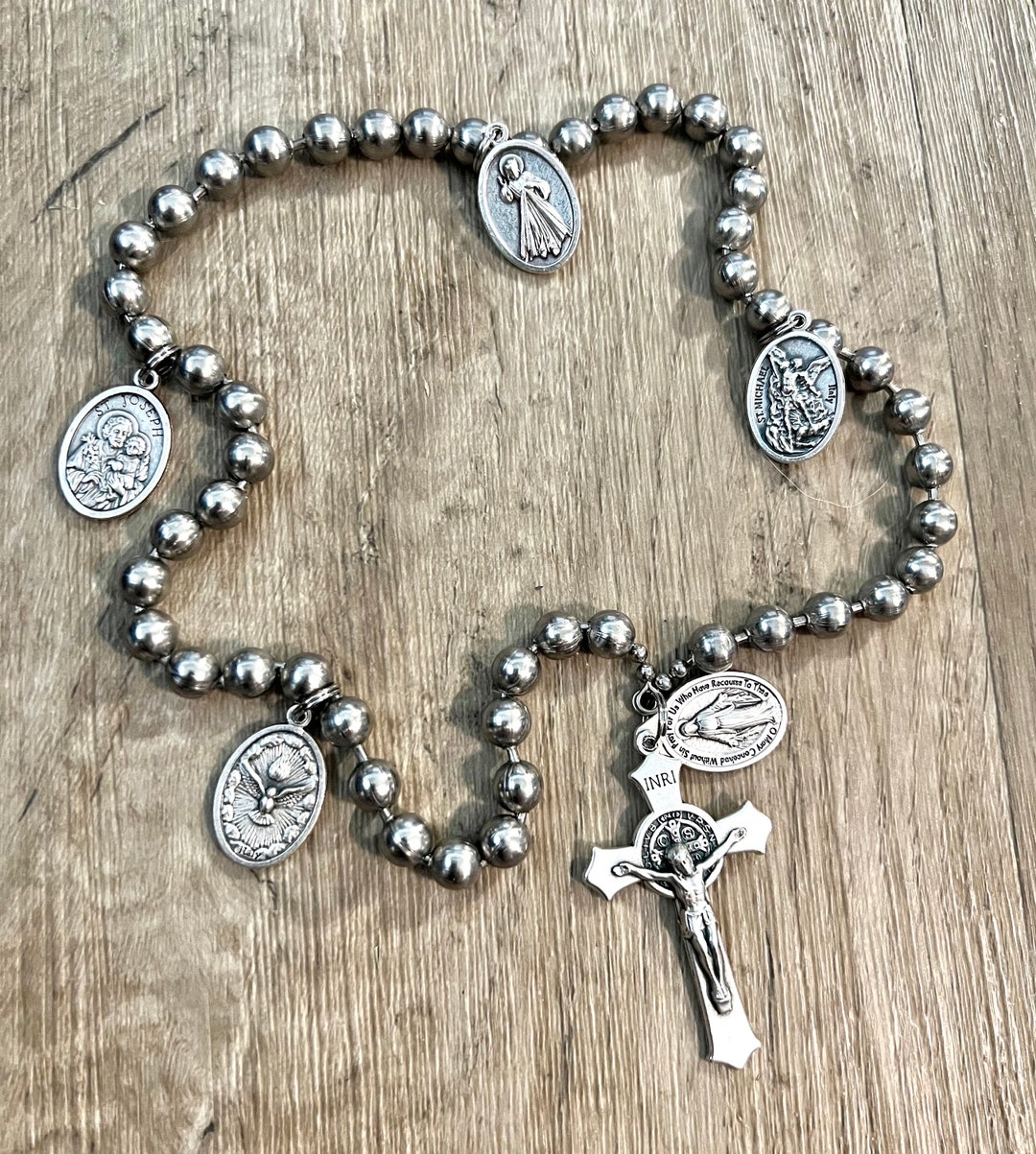 Stainless Steel 8mm Ball Chain Rosary With St. Medals for Our Fathers