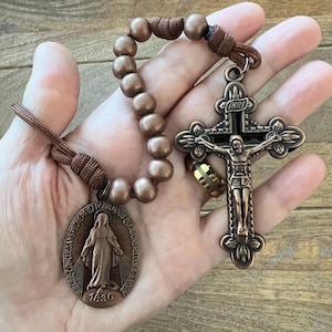 Copper Finish Miraculous Mary One Decade Catholic Rosary. Metal 10mm Beads. Brown #550 Paracord. image 1
