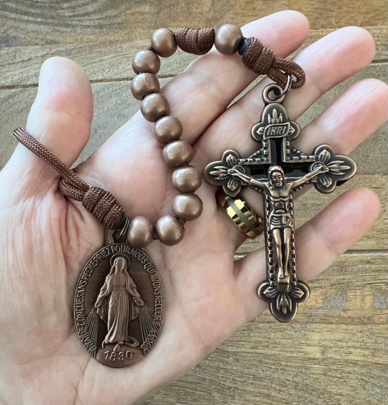 Copper Finish Miraculous Mary One Decade Catholic Rosary. Metal 10mm Beads. Brown #550 Paracord. image 1