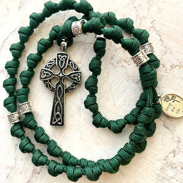 Celtic Knotted Catholic Rosary Rope. Metal Celtic Our Father Beads and Large Stainless Steel Cross. Your Choice of St. Medal. #550 Paracord