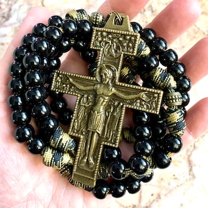 Franciscan Crown 7 Decade. Acrylic Black Gloss 10mm Beads and Bronze Metal Our Father Beads. Xtra Large San Damiano Crucifix. #550 Paracord