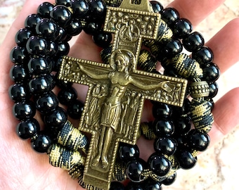 Franciscan Crown 7 Decade. Acrylic Black Gloss 10mm Beads and Bronze Metal Our Father Beads. Xtra Large San Damiano Crucifix. #550 Paracord