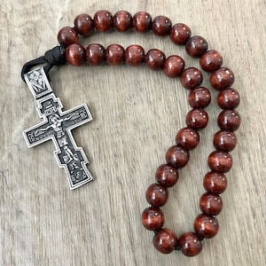 Large Stainless Steel Eastern Orthodox Crucifix, 33 Count Brown Finish 12mm Natural Wood Beads. #550 Paracord