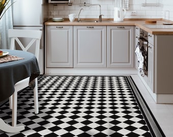 Chess, Black and white, Tiles, Boho chic, floor mat, Decorative rug, Linoleum area rug, pvc kitchen mat, Vinyl rug, Bohemian style, Retro