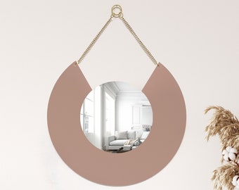 Pink geometric shape mirror, Round mirror, Wall jewelry, Wall hanging, Chain hanging mirror, Minimalist, Modern style, Home decor