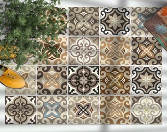 Moroccan tiles floor mat, pvc kitchen rug, Linoleum area rug, Brown rug, Oriental design, Decorative carpet, Ethnic style rug, Geometric