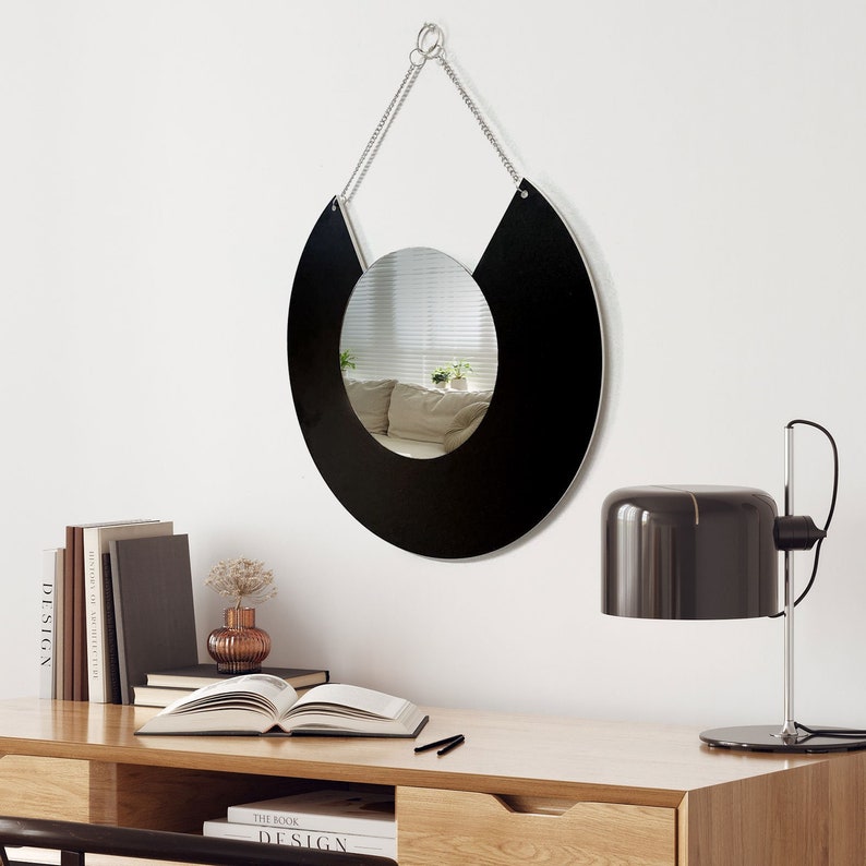 Black Geometric shape mirror, Round mirror, Wall jewelry, Wall hanging, Chain hanging mirror, Minimalist, Modern style, Home decor image 1