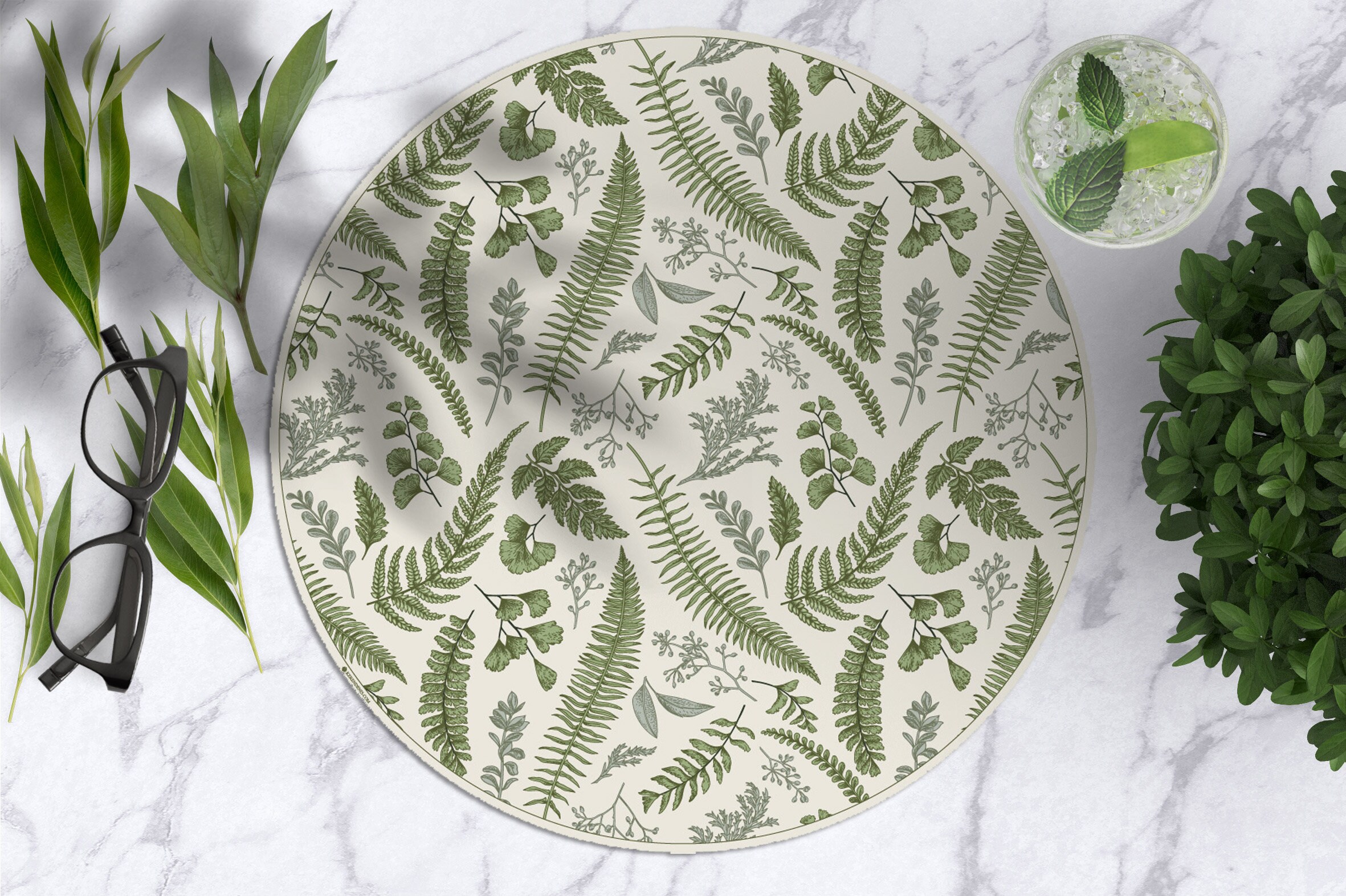 round nordic leaves green scandinavian Heat resistant printed  placemat round table top tableware dining Serving table setting