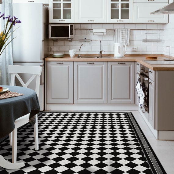 Chess, Black and White, Tiles, Boho Chic, Floor Mat, Decorative Rug,  Linoleum Area Rug, Pvc Kitchen Mat, Vinyl Rug, Bohemian Style, Retro 