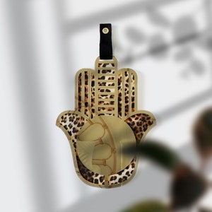 Gold Hamsa mirror, Hand of Fatima, Evil Eye, Gold mirror, Wall jewelry, Wall hanging, Leather Strap hanging, Boho style, Good luck, Gift