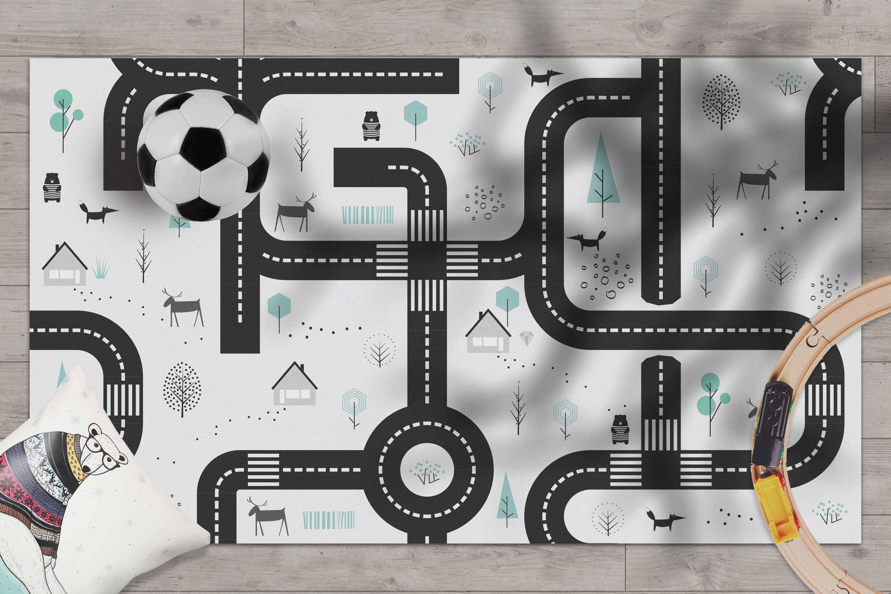 Tapis d'activité de Route, Tapis Pépinière, Jeu, Décor Linoleum, Modèle Scandi, Salle d'enfants, Gar