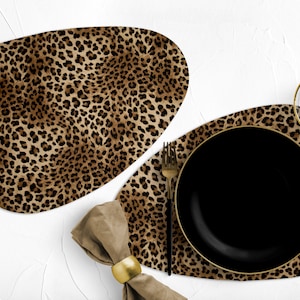 Leopard, vinyl, curve, oval, heat resistant, placemats, faux leather, leather-like, prestigious, tableware, dinnerware, dining setting decor
