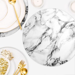 round, white, and grey marble, scandinavian, Heat resistant, printed, placemat, round table top, tableware, dining, Serving, table setting