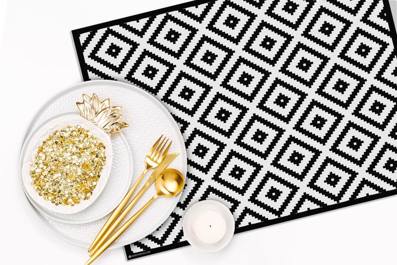 Black & White Geometric Placemat Set Scandinavian Style Etsy