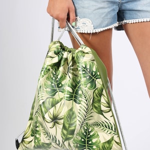 Tropische Blätter Kordelzug Sack Tasche wasserdichte Rucksack Tasche junge trendige grün skandinavisch minimalistisch einzigartig Mode coole Unisex Tragetasche