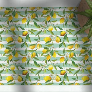 Yellow floor mat, tropical design, Mint rug, Decorative rug, Linoleum area rug, pvc kitchen mat, Vinyl rug, printed rug, Lemon print image 1