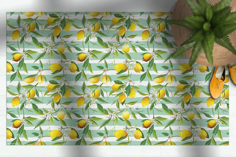 Yellow floor mat, tropical design, Mint rug, Decorative rug, Linoleum area rug, pvc kitchen mat, Vinyl rug, printed rug, Lemon print image 1