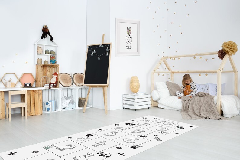 Hopscotch attività tappeto, tappeto vivaio, giocare tappeto, arredamento nursery, tappeto linoleum, stile Scandi, arredamento camera per bambini, tappetino da gioco, giocare tappeto immagine 8