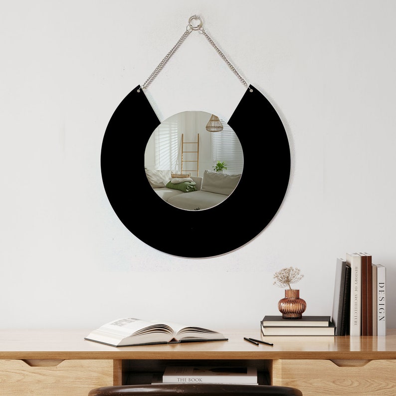 Black Geometric shape mirror, Round mirror, Wall jewelry, Wall hanging, Chain hanging mirror, Minimalist, Modern style, Home decor image 2