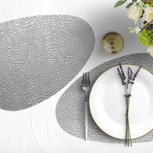 Silver, vinyl, curve, oval, heat resistant, placemats, faux leather, leather-like, prestigious, tableware, dinnerware, dining setting, decor image 1