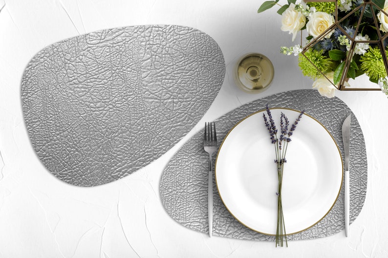 Silver, vinyl, curve, oval, heat resistant, placemats, faux leather, leather-like, prestigious, tableware, dinnerware, dining setting, decor image 1