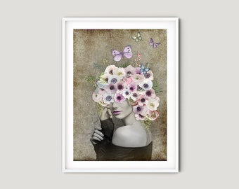 Floral bloom girl PRINTABLE Poster romantic modern Print, Home Decor floral Print, Digital Download