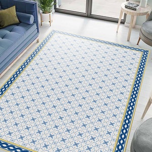 Sicilië blauwe tegels, vloermat, pvc keukenkleed, Linoleum gebiedsdeken, Blauw tapijt, Oosters ontwerp, Decoratief tapijt, Etnisch stijltapijt, Geometrisch