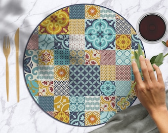 Colourful round nordic print tiles Heat resistant printed  placemat round table top tableware dining Serving table setting