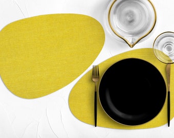 Yellow, vinyl, curve, oval, heat resistant, placemats, faux leather, leather-like, prestigious, tableware, dinnerware, dining setting decor