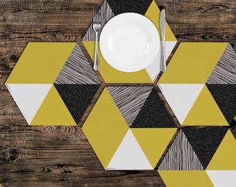 Yellow, hexagonal, geometric placemat, scandinavian style, minimalist stylish look, Heat resistant, table top, tableware, dining ware Set