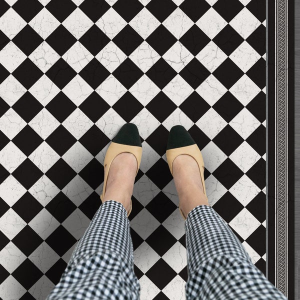 Chess - Old tiles, Marble tiles, Black and White, floor mat, Decorative rug, Linoleum area rug, kitchen mat, Vinyl rug, Scandinavian style
