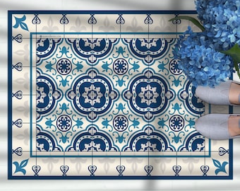 Moroccan tiles, floor mat, pvc kitchen rug, Linoleum area rug, Blue rug, Oriental design, Decorative carpet, Ethnic style rug, Geometric