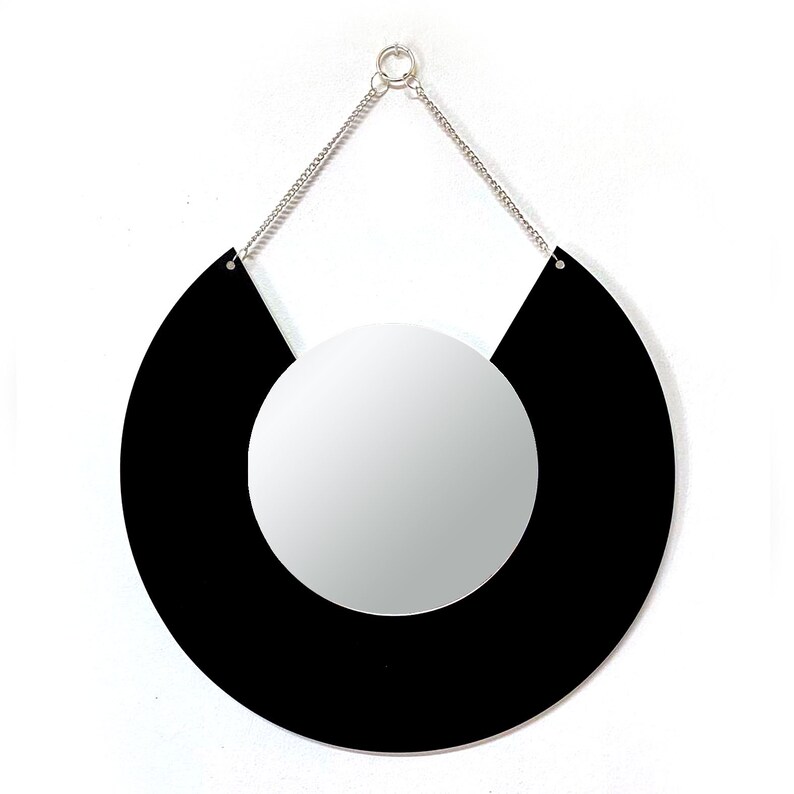 Black Geometric shape mirror, Round mirror, Wall jewelry, Wall hanging, Chain hanging mirror, Minimalist, Modern style, Home decor image 6